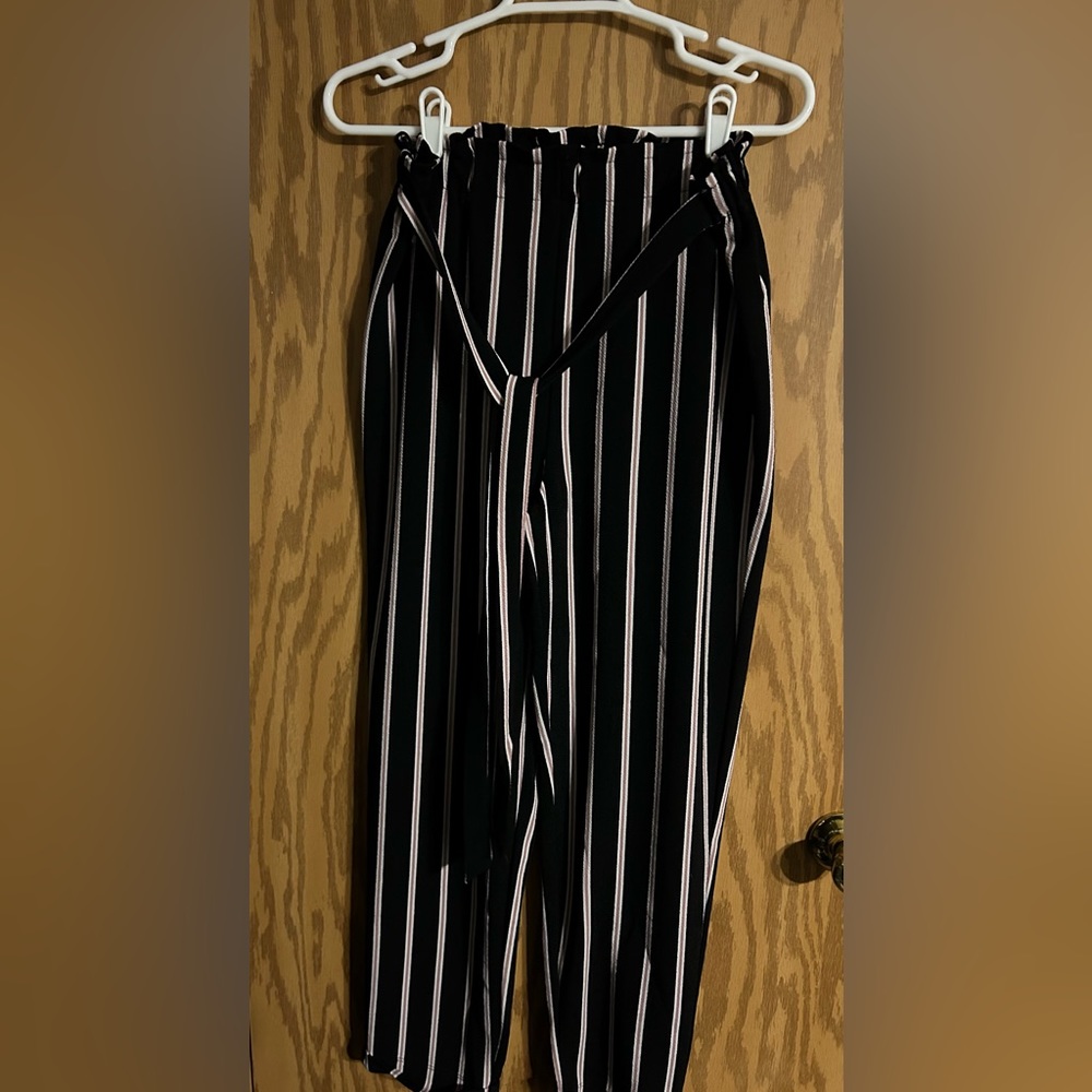 Ultra Flirt dress pants. Black with white and pink stripes